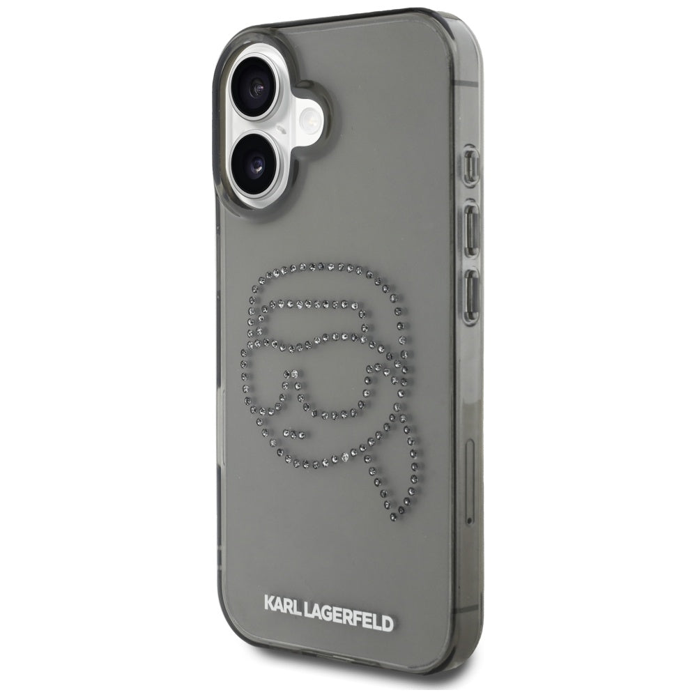 Custodia per Apple iPhone 16, Karl Lagerfeld, IML Rhinestones Karl's Head, Nera