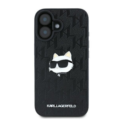 Custodia per Apple iPhone 16, Karl Lagerfeld, Monogram Choupette's Head, Nera