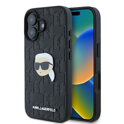 Custodia per Apple iPhone 16, Karl Lagerfeld, Monogramma Karl's Head, Nera