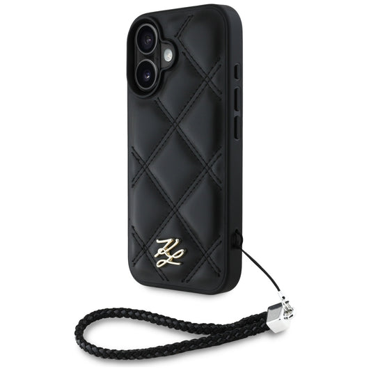 Custodia per Apple iPhone 16, Karl Lagerfeld, Quilted Initial Logo & Chain Strap, Nera