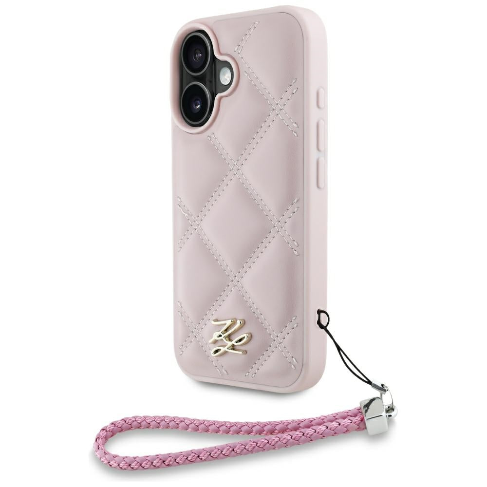 Case for Apple iPhone 16, Karl Lagerfeld, Quilted Initial Logo & Chain Strap, Pink