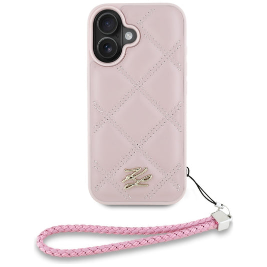 Custodia per Apple iPhone 16, Karl Lagerfeld, Quilted Initial Logo & Chain Strap, Rosa