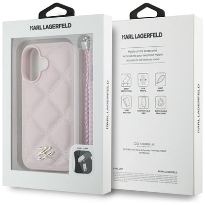 Case for Apple iPhone 16, Karl Lagerfeld, Quilted Initial Logo & Chain Strap, Pink