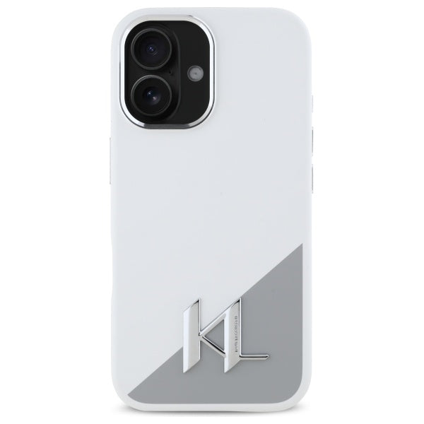 Custodia per Apple iPhone 16, Karl Lagerfeld, Silicone White Shadow Metal Initial, Bianca