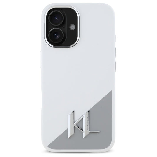 Custodia per Apple iPhone 16, Karl Lagerfeld, Silicone White Shadow Metal Initial, Bianca