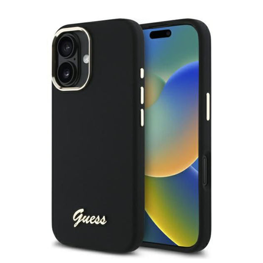 Custodia per Apple iPhone 16 Plus, Guess, Script Metal Logo & Frame, Nera
