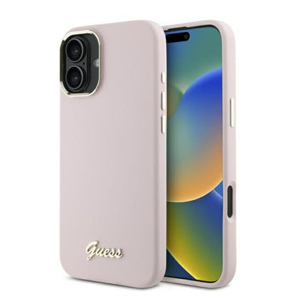 Case for Apple iPhone 16 Plus, Guess, Script Metal Logo & Frame, Pink