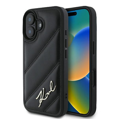 Case for Apple iPhone 16 Plus, Karl Lagerfeld, Diagonal Quilted Script, Black