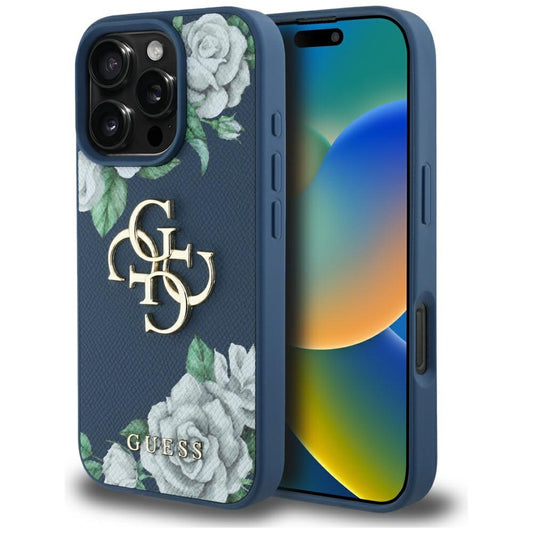 Custodia per Apple iPhone 16 Pro, Guess, 4G Grained Roses Big Logo, Blu