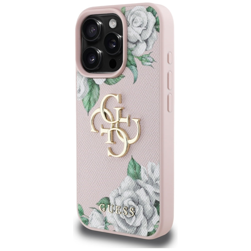 Custodia per Apple iPhone 16 Pro, Guess, 4G Grained Roses Big Logo, Rosa