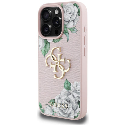 Custodia per Apple iPhone 16 Pro, Guess, 4G Grained Roses Big Logo, Rosa