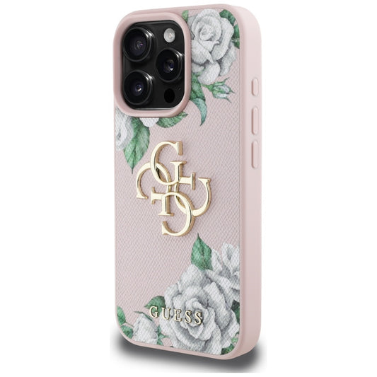Custodia per Apple iPhone 16 Pro, Guess, 4G Grained Roses Big Logo, Rosa