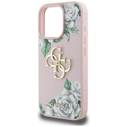 Custodia per Apple iPhone 16 Pro, Guess, 4G Grained Roses Big Logo, Rosa
