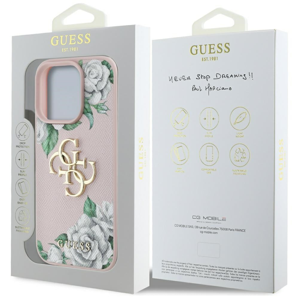 Custodia per Apple iPhone 16 Pro, Guess, 4G Grained Roses Big Logo, Rosa
