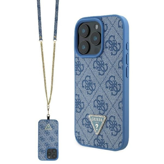 Custodia per Apple iPhone 16 Pro, Guess, Crossbody 4G Triangle Strass, Blu