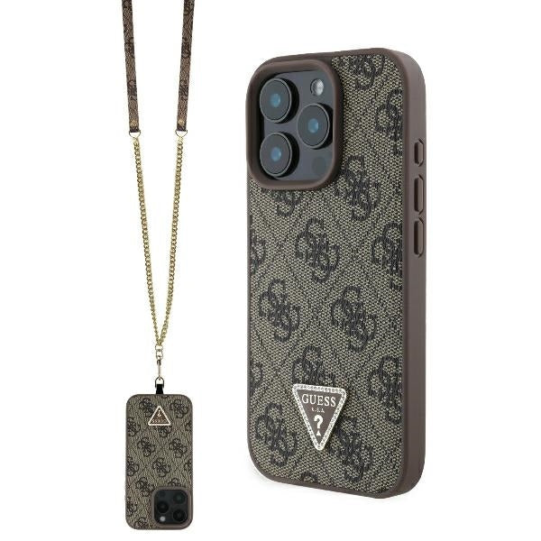 Custodia per Apple iPhone 16 Pro, Guess, Crossbody 4G Triangle Strass, Marrone