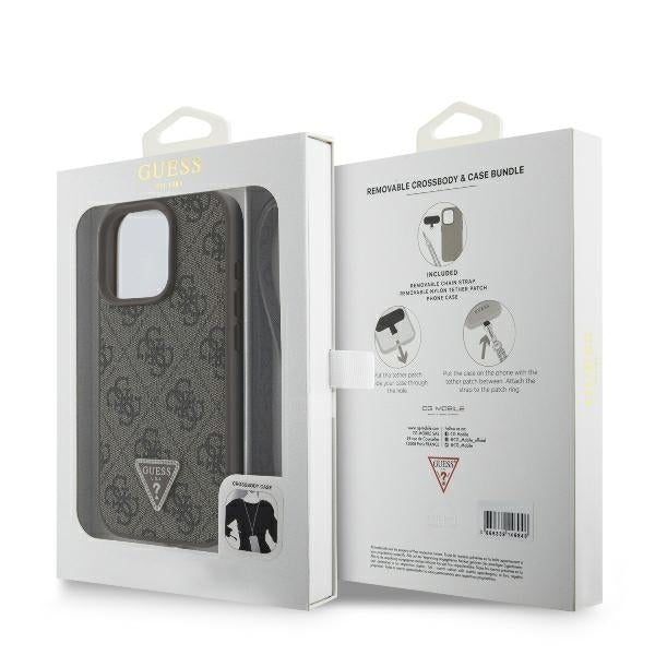 Custodia per Apple iPhone 16 Pro, Guess, Crossbody 4G Triangle Strass, Marrone