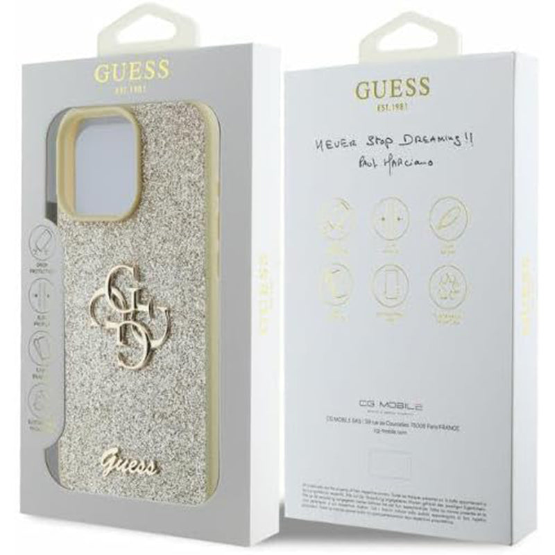 Custodia per Apple iPhone 16 Pro, Guess, Fixed Glitter Big 4G, Dorata