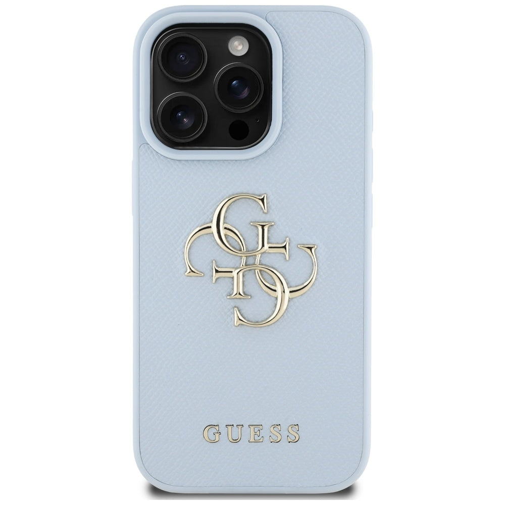 Custodia per Apple iPhone 16 Pro, Guess, Grained Big 4G Logo Small Classic Logo, Blu
