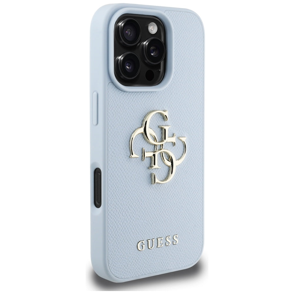 Custodia per Apple iPhone 16 Pro, Guess, Grained Big 4G Logo Small Classic Logo, Blu