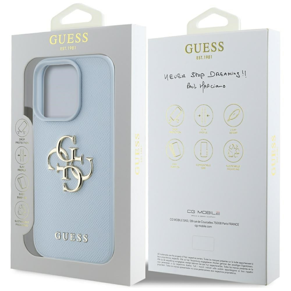 Custodia per Apple iPhone 16 Pro, Guess, Grained Big 4G Logo Small Classic Logo, Blu