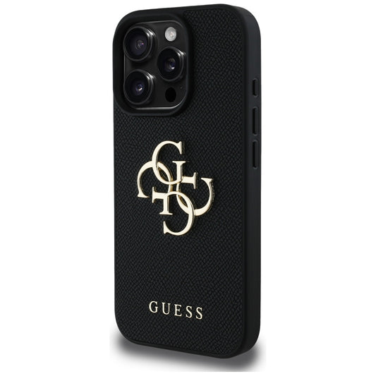 Custodia per Apple iPhone 16 Pro, Guess, Grained Big 4G Logo Small Classic Logo, Nera