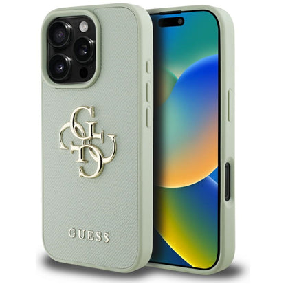 Custodia per Apple iPhone 16 Pro, Guess, Grained Big 4G Logo Small Classic Logo, Verde