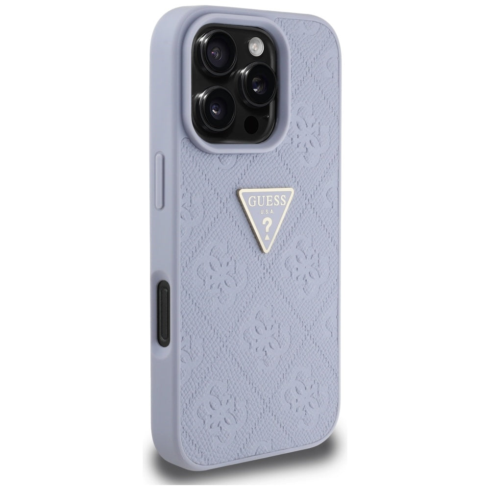 Custodia per Apple iPhone 16 Pro, Guess, Hot Stamp 4G Pattern Triangle Logo, Viola Chiaro.