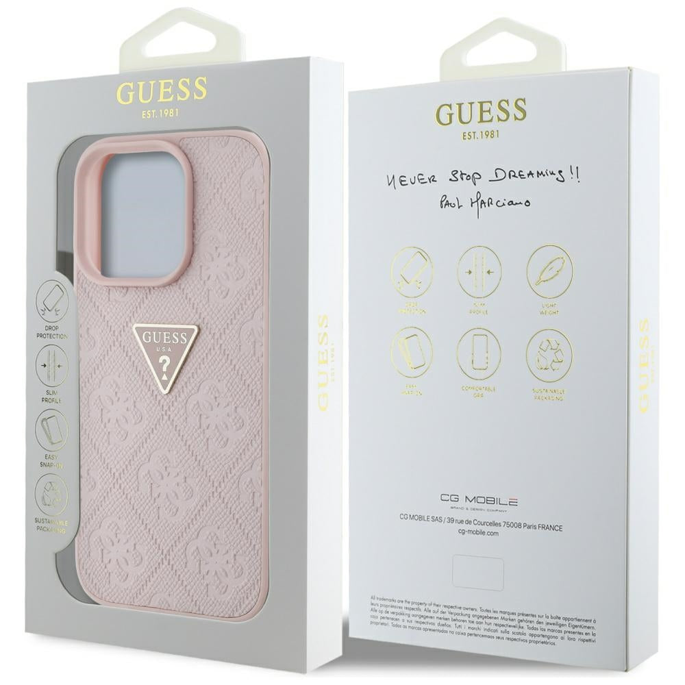 Custodia per Apple iPhone 16 Pro, Guess, Hot Stamp 4G Pattern Triangle Logo, Rosa