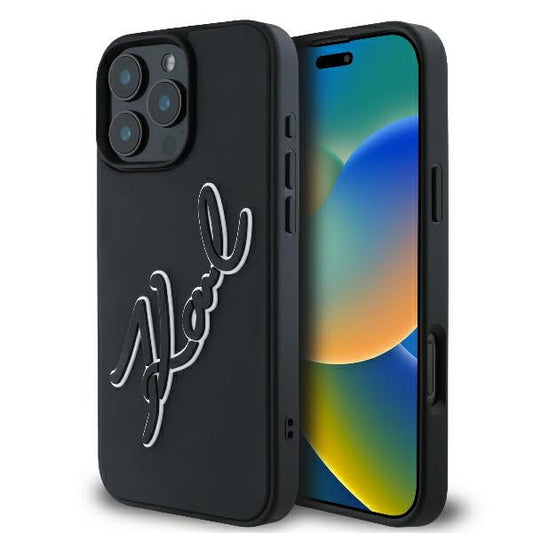 Custodia per Apple iPhone 16 Pro, Karl Lagerfeld, 3D Rubber Signature, Nera