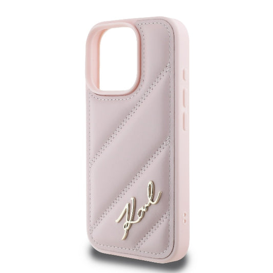 Custodia per Apple iPhone 16 Pro, Karl Lagerfeld, Diagonal Quilted Script, Rosa