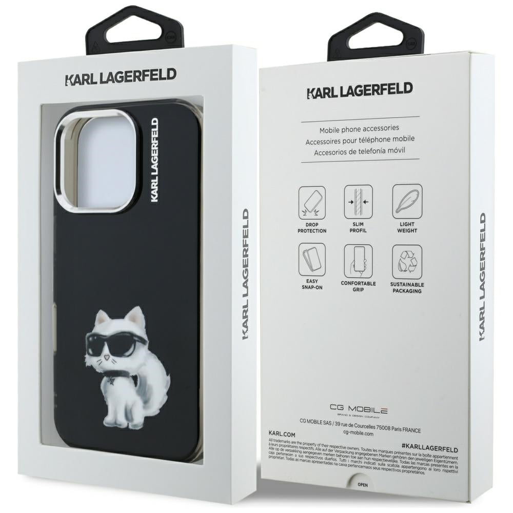 Custodia per Apple iPhone 16 Pro, Karl Lagerfeld, IML Aquarelle Logo Choupette, Nera