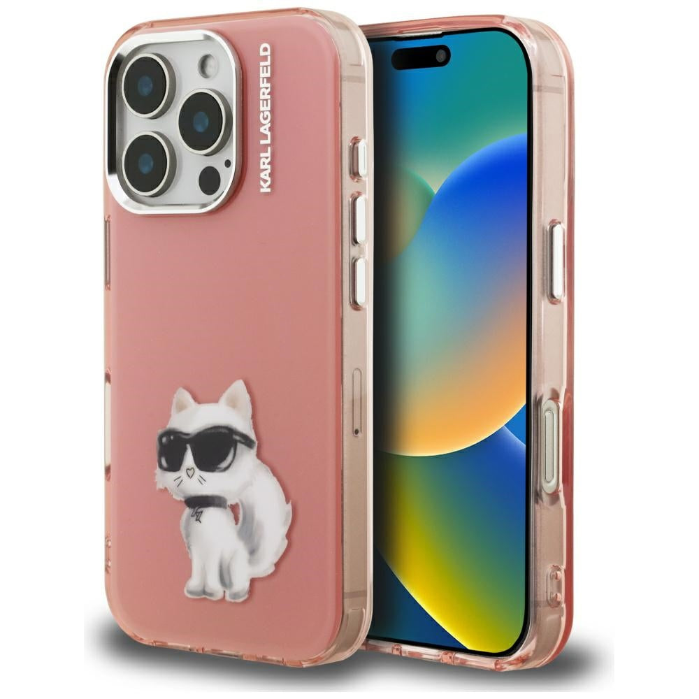 Custodia per Apple iPhone 16 Pro, Karl Lagerfeld, IML Aquarelle Logo Choupette, Rosa