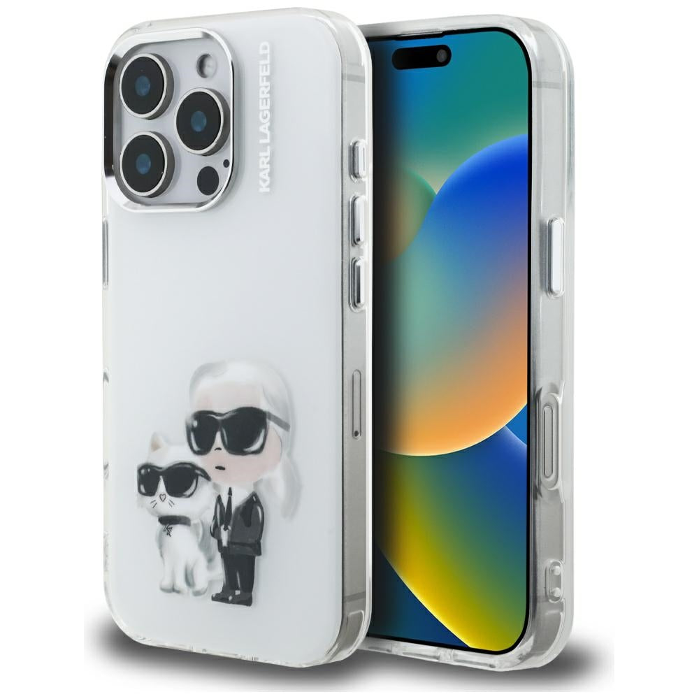 Custodia per Apple iPhone 16 Pro, Karl Lagerfeld, IML Aquarelle Logo Karl & Choupette, Bianca