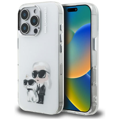 Custodia per Apple iPhone 16 Pro, Karl Lagerfeld, IML Aquarelle Logo Karl & Choupette, Bianca