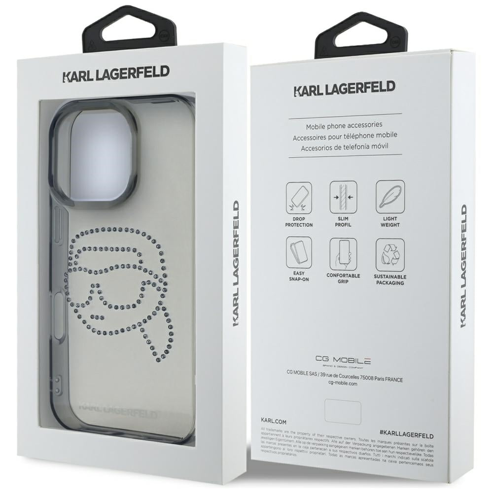 Custodia per Apple iPhone 16 Pro, Karl Lagerfeld, IML Rhinestones Karl's Head, Nera