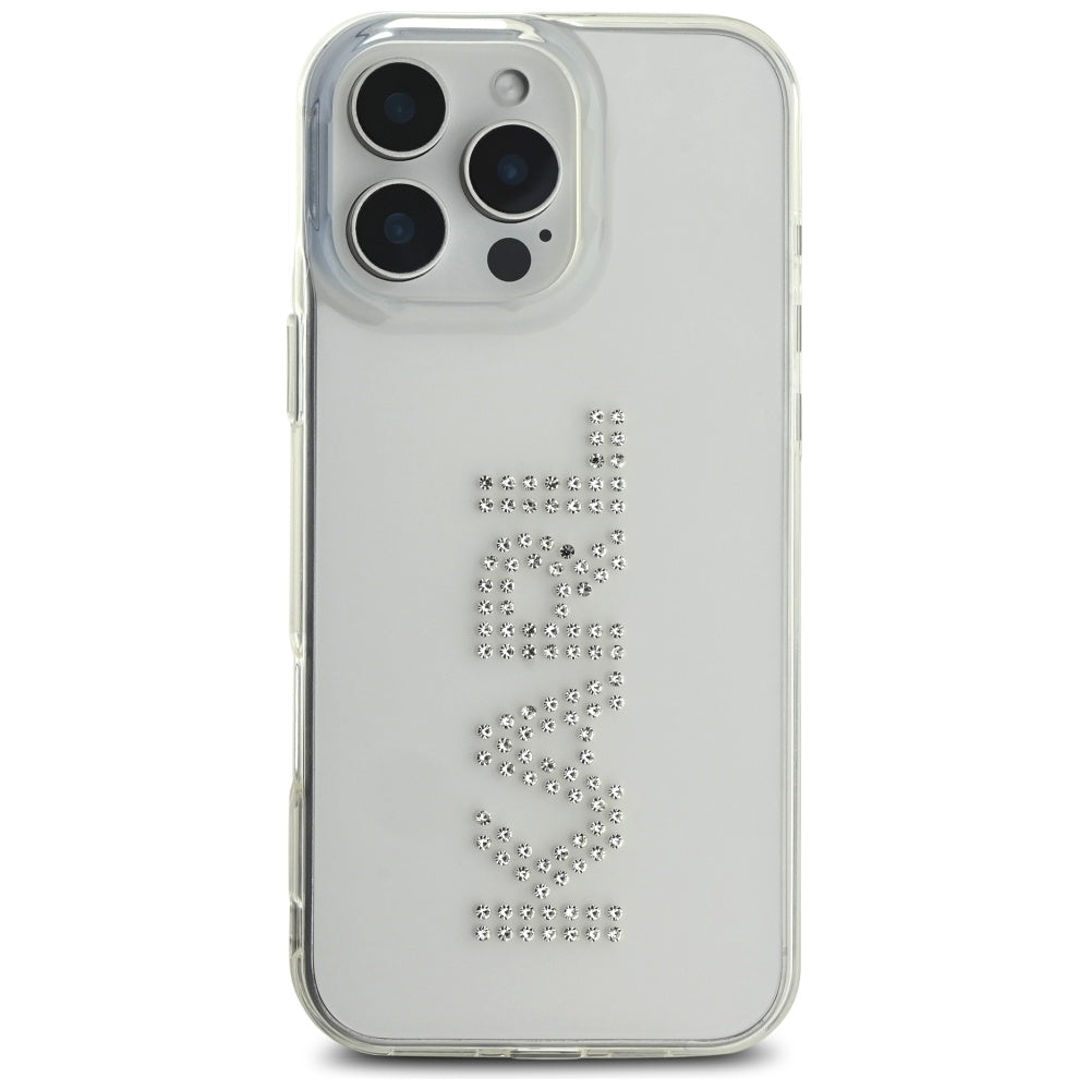 Custodia per Apple iPhone 16 Pro, Karl Lagerfeld, IML Rhinestones Transparent Logo, Trasparente
