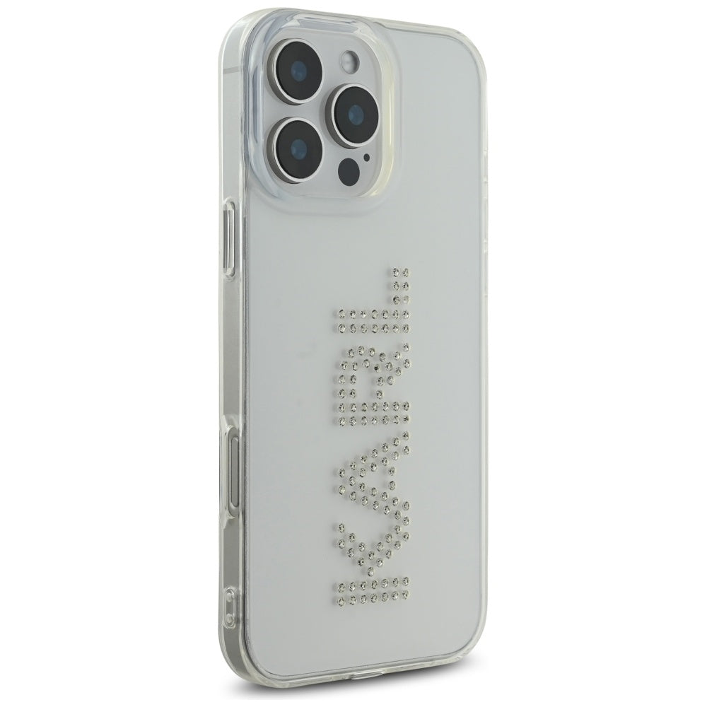 Custodia per Apple iPhone 16 Pro, Karl Lagerfeld, IML Rhinestones Transparent Logo, Trasparente