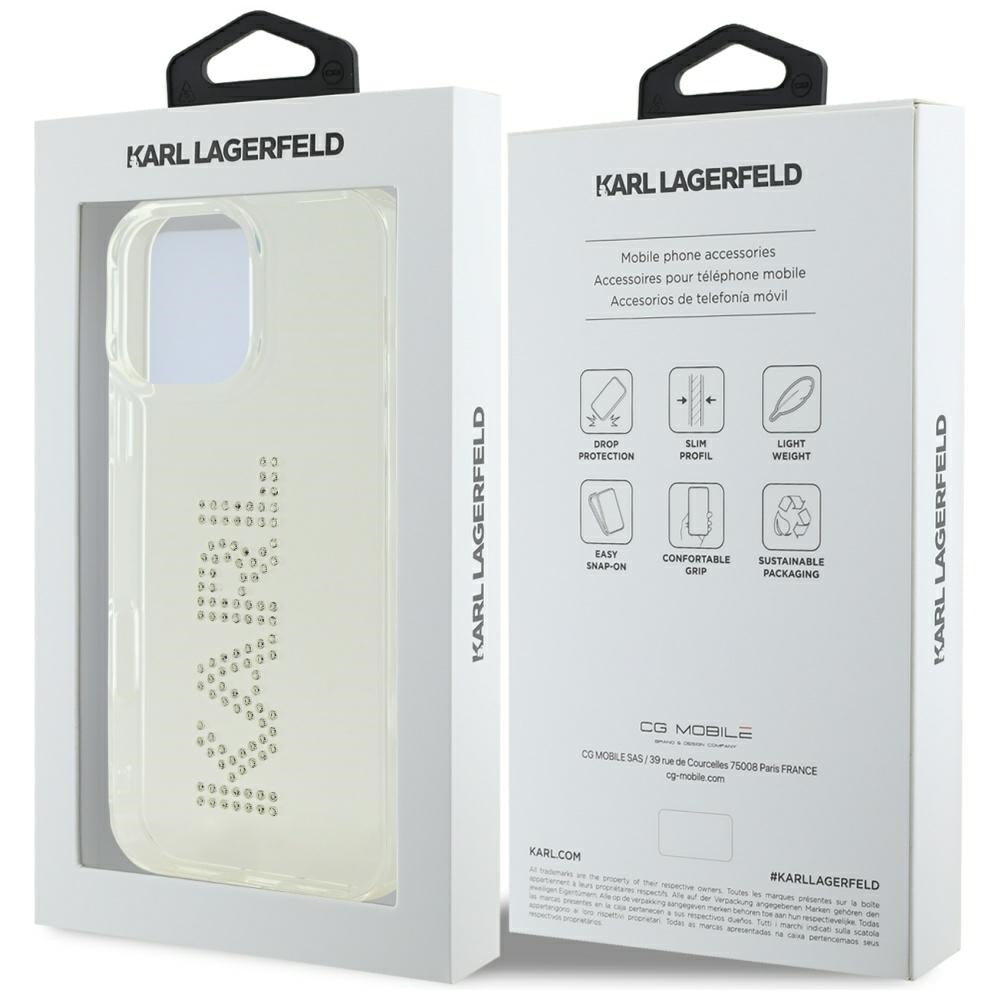 Custodia per Apple iPhone 16 Pro, Karl Lagerfeld, IML Rhinestones Transparent Logo, Trasparente