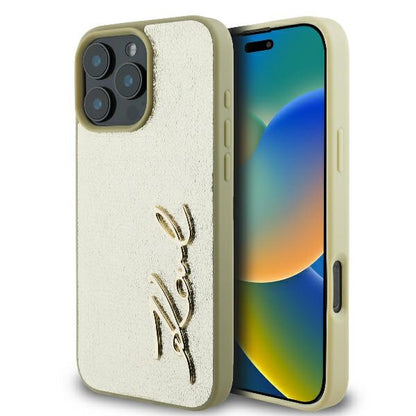 Custodia per Apple iPhone 16 Pro, Karl Lagerfeld, Metal Signature, Dorata