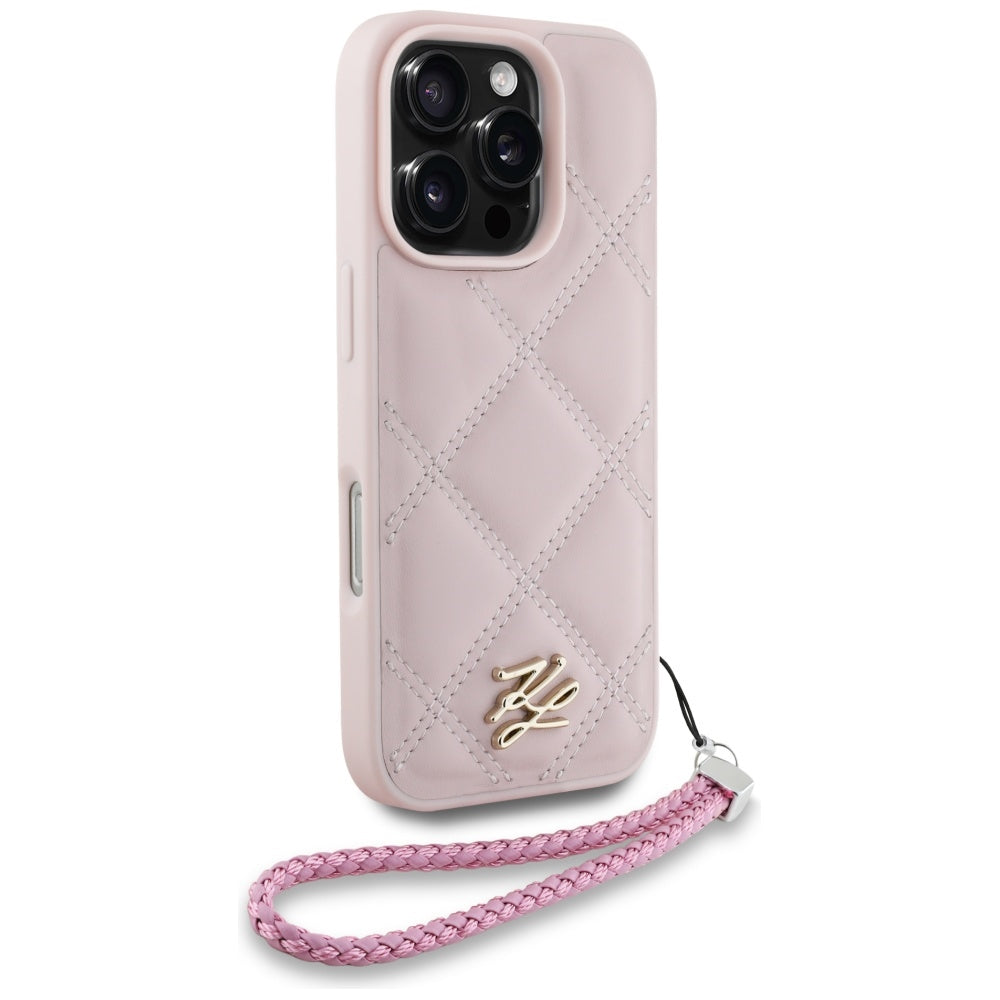 Custodia per Apple iPhone 16 Pro, Karl Lagerfeld, Quilted Initial Logo & Chain Strap, Rosa
