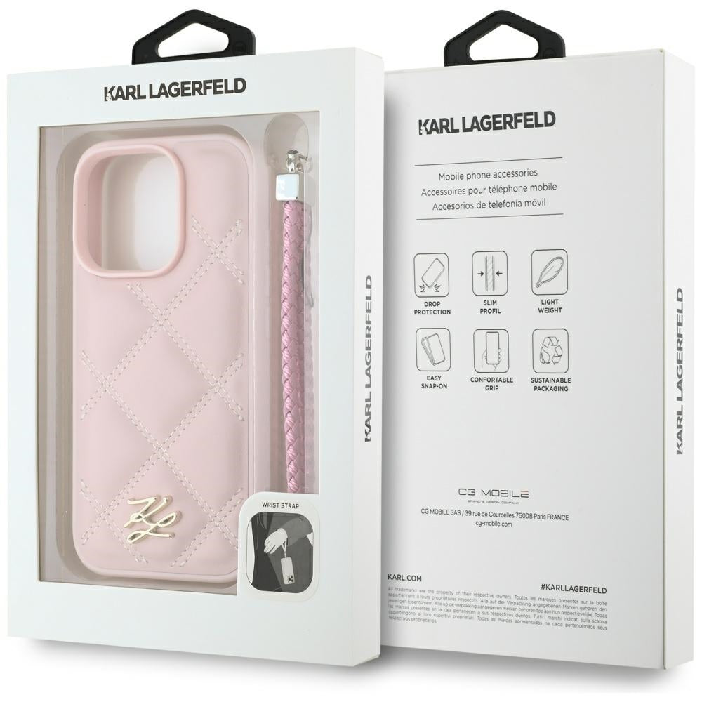 Custodia per Apple iPhone 16 Pro, Karl Lagerfeld, Quilted Initial Logo & Chain Strap, Rosa