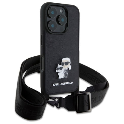Custodia per Apple iPhone 16 Pro, Karl Lagerfeld, Saffiano Crossbody Metal Pin Karl & Choupette, Nera