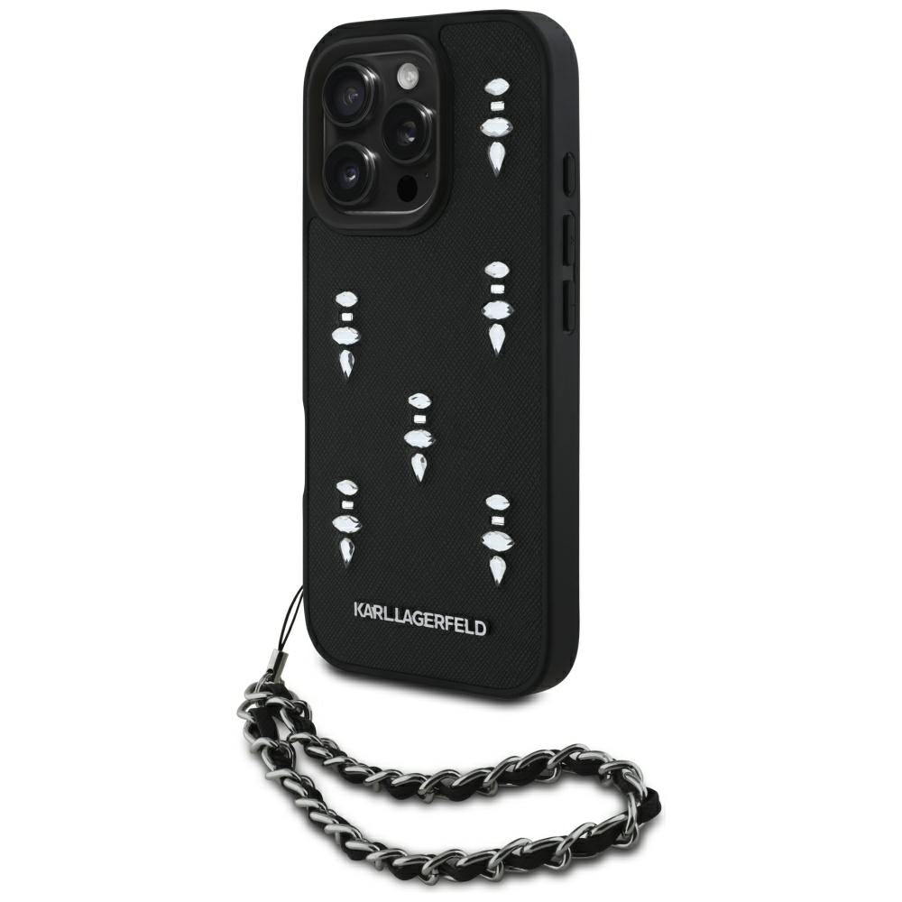 Custodia per Apple iPhone 16 Pro, Karl Lagerfeld, Saffiano Crystals & Charm, Nera