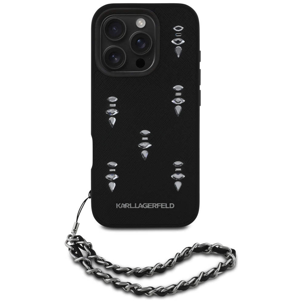 Custodia per Apple iPhone 16 Pro, Karl Lagerfeld, Saffiano Crystals & Charm, Nera