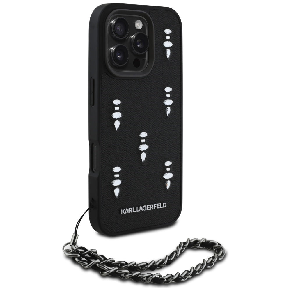 Custodia per Apple iPhone 16 Pro, Karl Lagerfeld, Saffiano Crystals & Charm, Nera