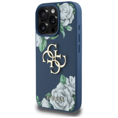 Custodia per Apple iPhone 16 Pro Max, Guess, 4G Grained Roses Big Logo, Blu