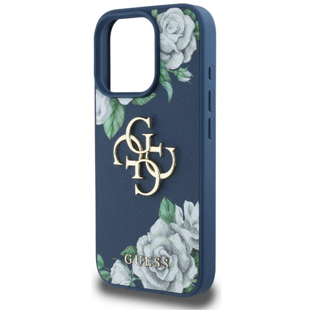 Custodia per Apple iPhone 16 Pro Max, Guess, 4G Grained Roses Big Logo, Blu