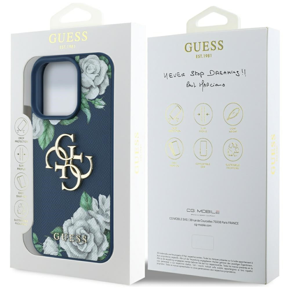 Custodia per Apple iPhone 16 Pro Max, Guess, 4G Grained Roses Big Logo, Blu