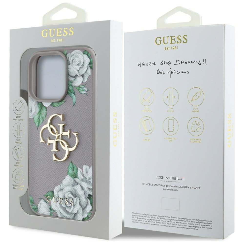 Custodia per Apple iPhone 16 Pro Max, Guess, 4G Grained Roses Big Logo, Viola